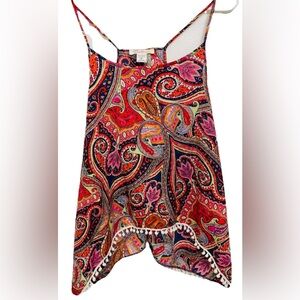 Love Blossom Boho Paisley Tank Top Pom Pom Hem Slit Back Cami Multi-Color XL
